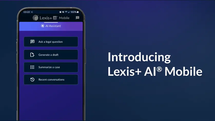 The video promotes and describes the key functionality and benefits of the Lexis+ AI Mobile App for attorneys. The Lexis+ AI Mobile App is displayed on a smart phone device. The screen displays Ask a Legal Question, Generate a Draft, Summarize a Case, and Recent Conversation buttons on the home screen. Accompanying text announces: Take your practice on the go with cutting-edge AI technology.”  The App demonstrates that an attorney can enter “How does Florida define residency for tax purposes? and select a button to “Summarize the Case Authority” to produce a result. Text announces: Pose intricate legal queries and get insightful, verifiable responses with Shepard’s(R) Citation Validation instantly. The App demonstrates that it can define a detail of attorney-client privilege under Delaware Law in specific circumstances, with a citation linked. Text announces: Extract key points from recent case law on the go to stay informed and ready for any challenge. The App demonstrates that it can provide a concise summary of a specific case. Text announces: Get a jump start on writing briefs, arguments, motions, client letters and emails with well-structured drafts, saving valuable time and effort. The app demonstrates that it can draft a clause for a confidentiality agreement for a transactional matter. Text announces: Seamlessly access previous interactions and sync across devices for a personalized and connected experience without disruptions to workflow. The App demonstrates that you can easily select a Recent Conversations button to access your past interactions with the app, such as the ones described previously. Text announces: Download the Lexis+ AI Mobile App today and experience the power of Lexis+ AI, your legal Gen AI Assistant, anytime, anywhere. Two mobile devices are down, demonstrating that you can download the App from both the Google Play and Apple App Store. The LexisNexis and Lexis+ AI logos are displayed.